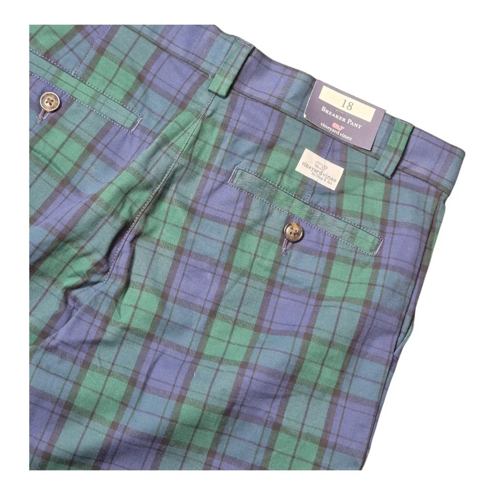 vineyard vines Boys 18 Breaker Pants Charleston Green Plaid Stretch Preppy NWT